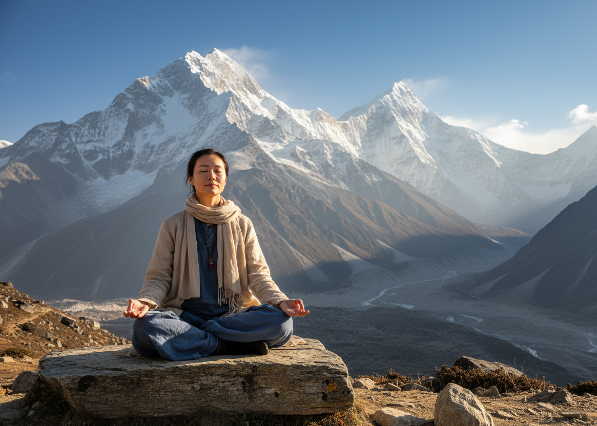 a japanese lady meditating in the himalayan mountains (photographic style)