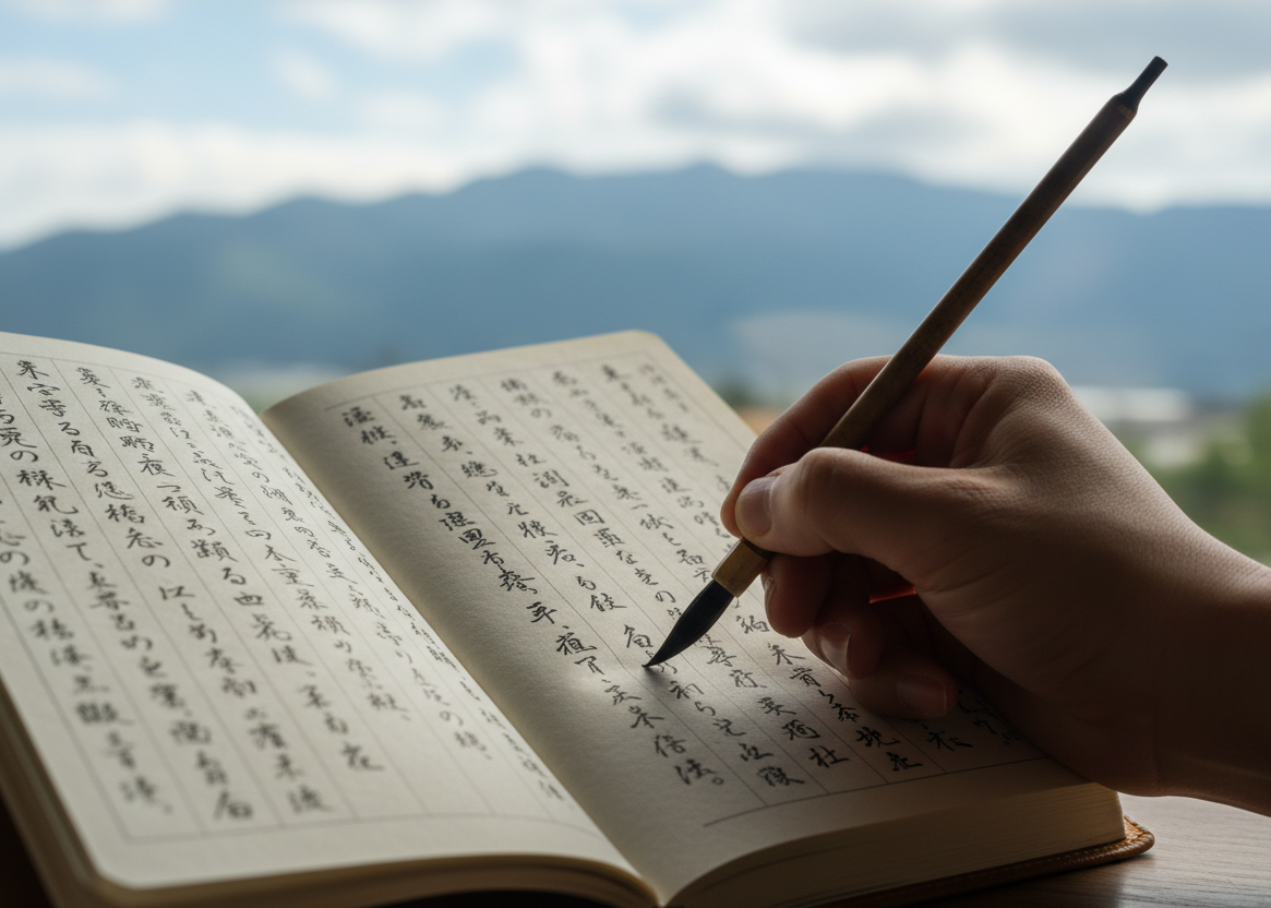 japanese hand writting in japanese a diary, in a mountain surrounding - it's a close-up on the hand writting in the diary